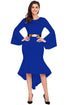 Sexy Royal Blue Bell Sleeve Dip Hem Belted Dress